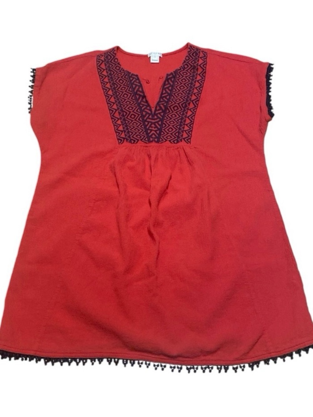 J. Crew Red Tunic with Navy Embroidery and Pom Poms Size XXS 100% Cotton Casual
